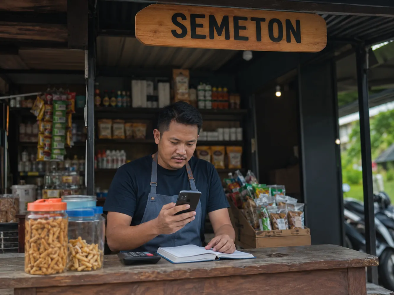 Pemilik UMKM menggunakan ponsel untuk membantu pencatatan usaha